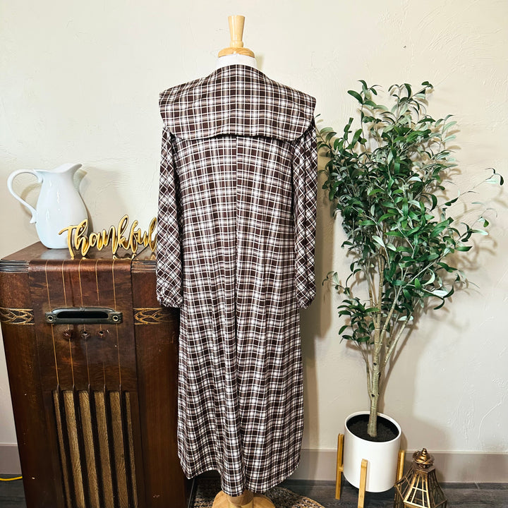 Mabel Sailor Collar Plaid Dress in brown plaid, square back collar, full back view