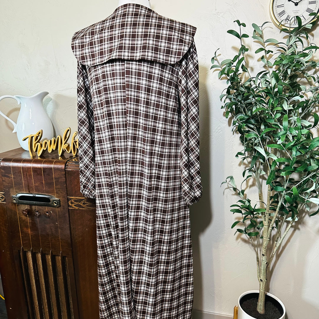 Mabel Sailor Collar Plaid Dress in brown plaid, back collar flap, upper back view