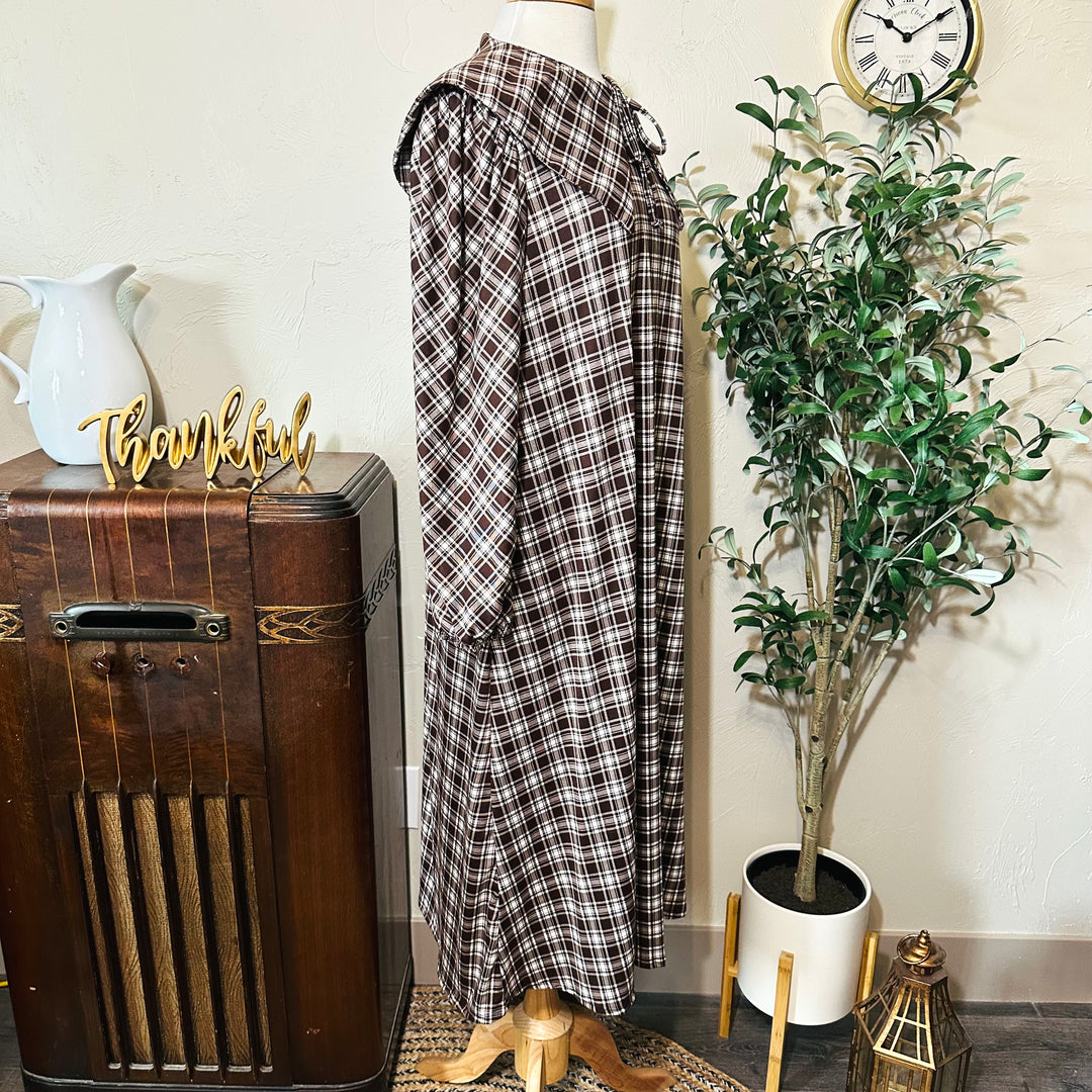 Mabel Sailor Collar Plaid Dress in brown plaid, collar and length, other side view