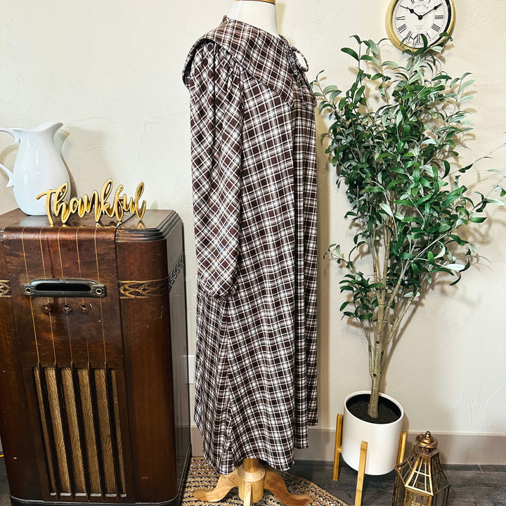Mabel Sailor Collar Plaid Dress in brown plaid, collar and length, other side view