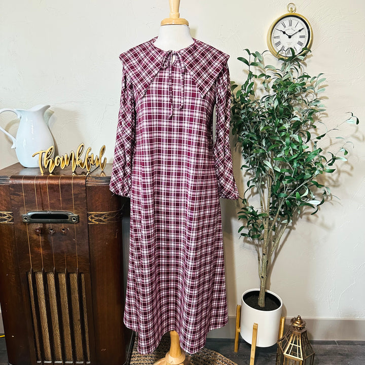 Mabel Sailor Collar Plaid Dress in burgundy plaid, sailor collar and neck tie, full front view