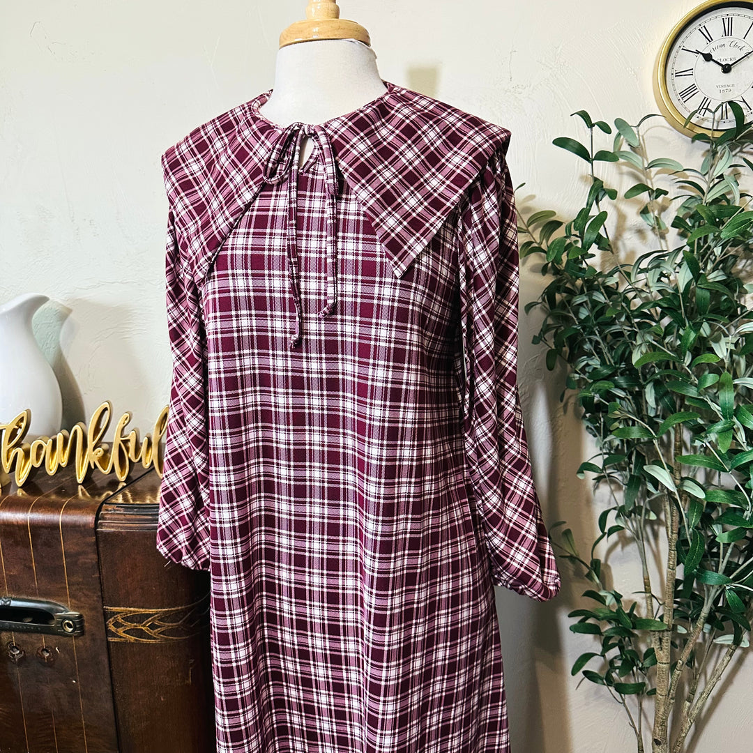 Mabel Sailor Collar Plaid Dress in burgundy plaid, pointed sailor collar, front close-up