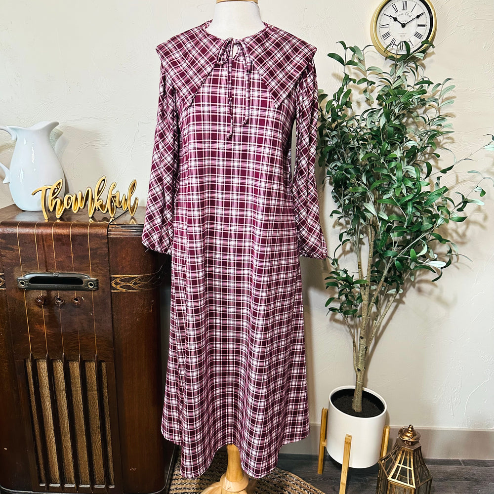 Mabel Sailor Collar Plaid Dress in burgundy plaid, long sleeves and flowing shape, front view