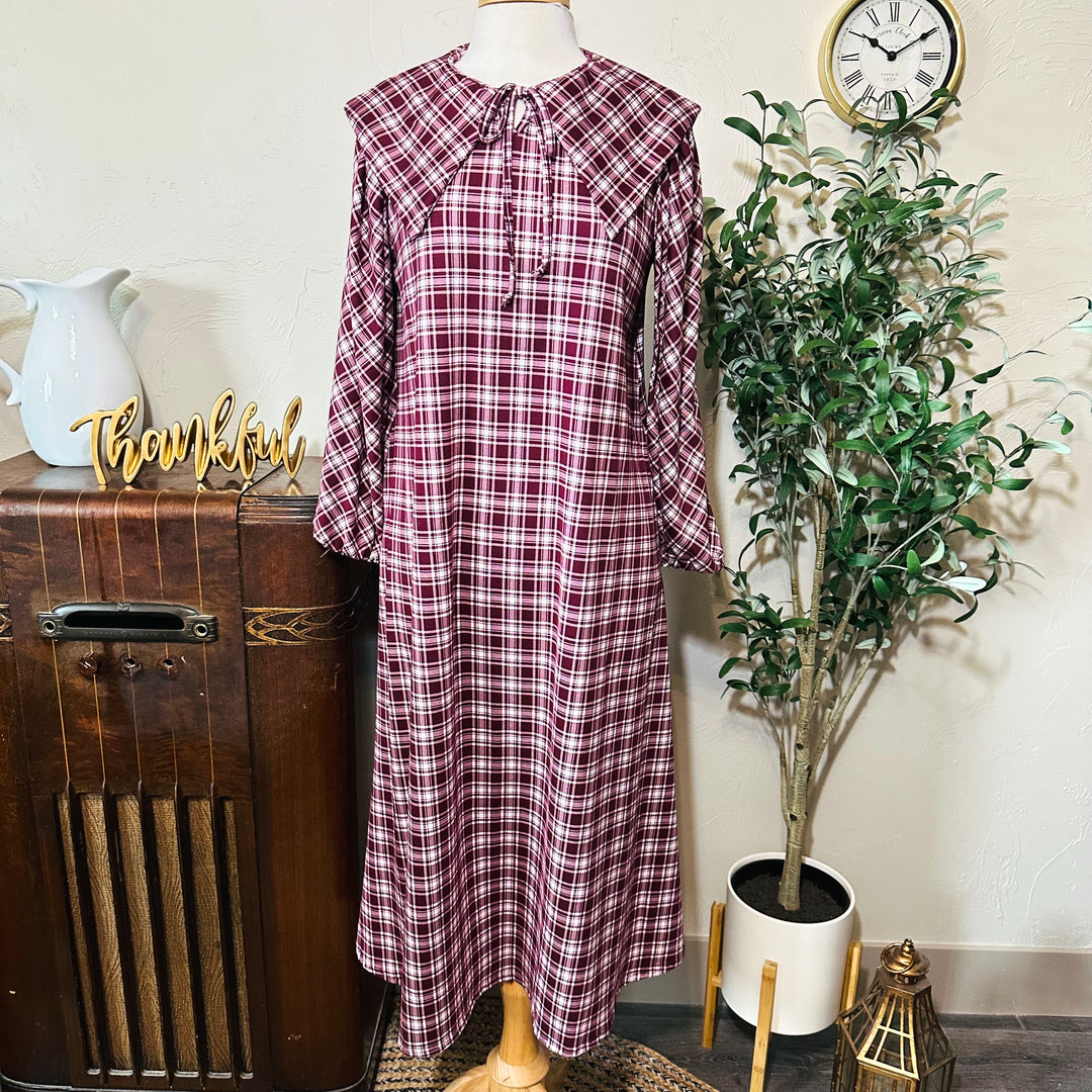 Mabel Sailor Collar Plaid Dress in burgundy plaid, long sleeves and flowing shape, front view