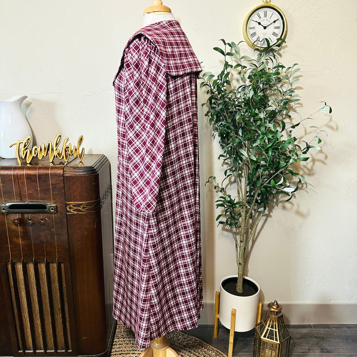 Mabel Sailor Collar Plaid Dress in burgundy plaid, collar and length, side view