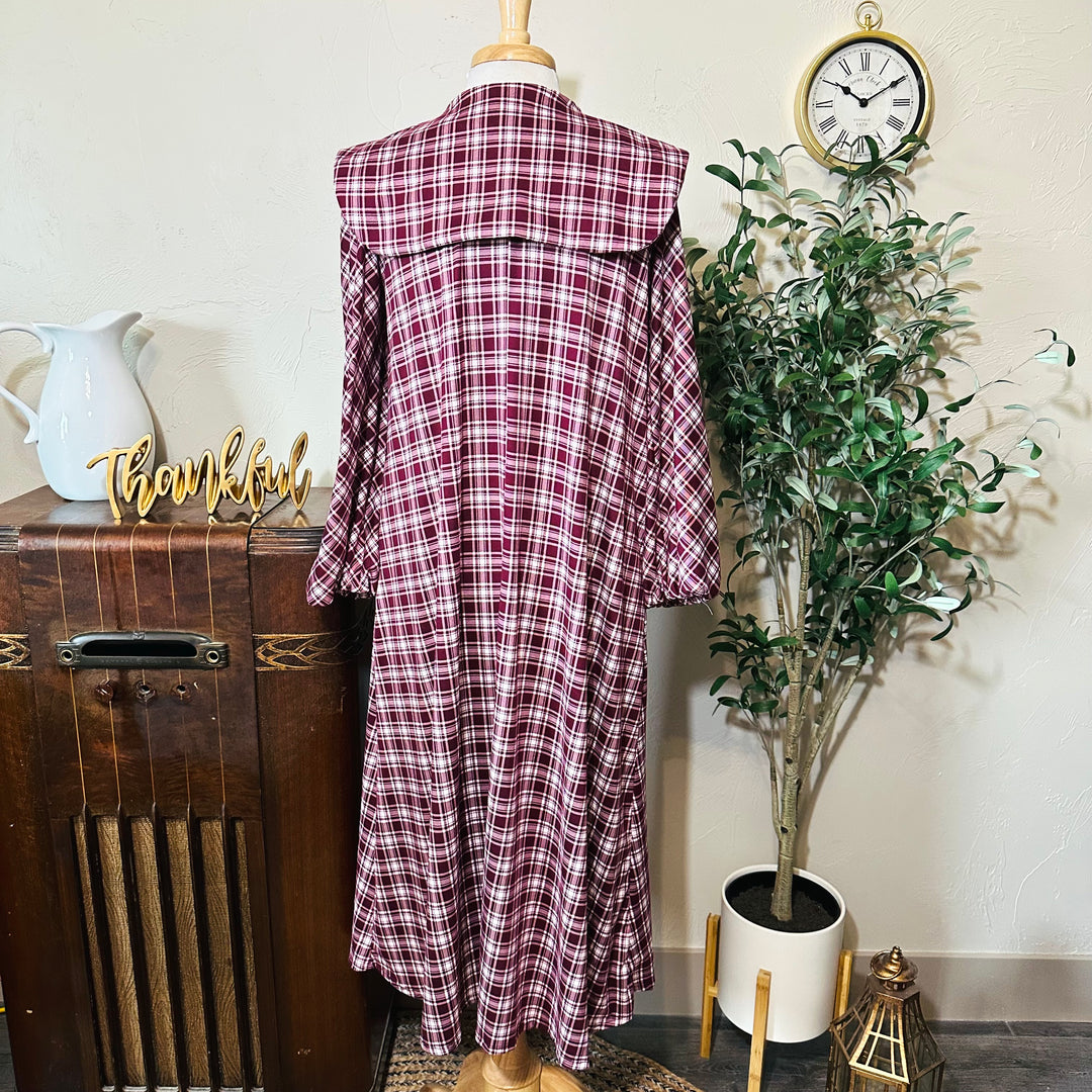 Mabel Sailor Collar Plaid Dress in burgundy plaid, square back collar, full back view