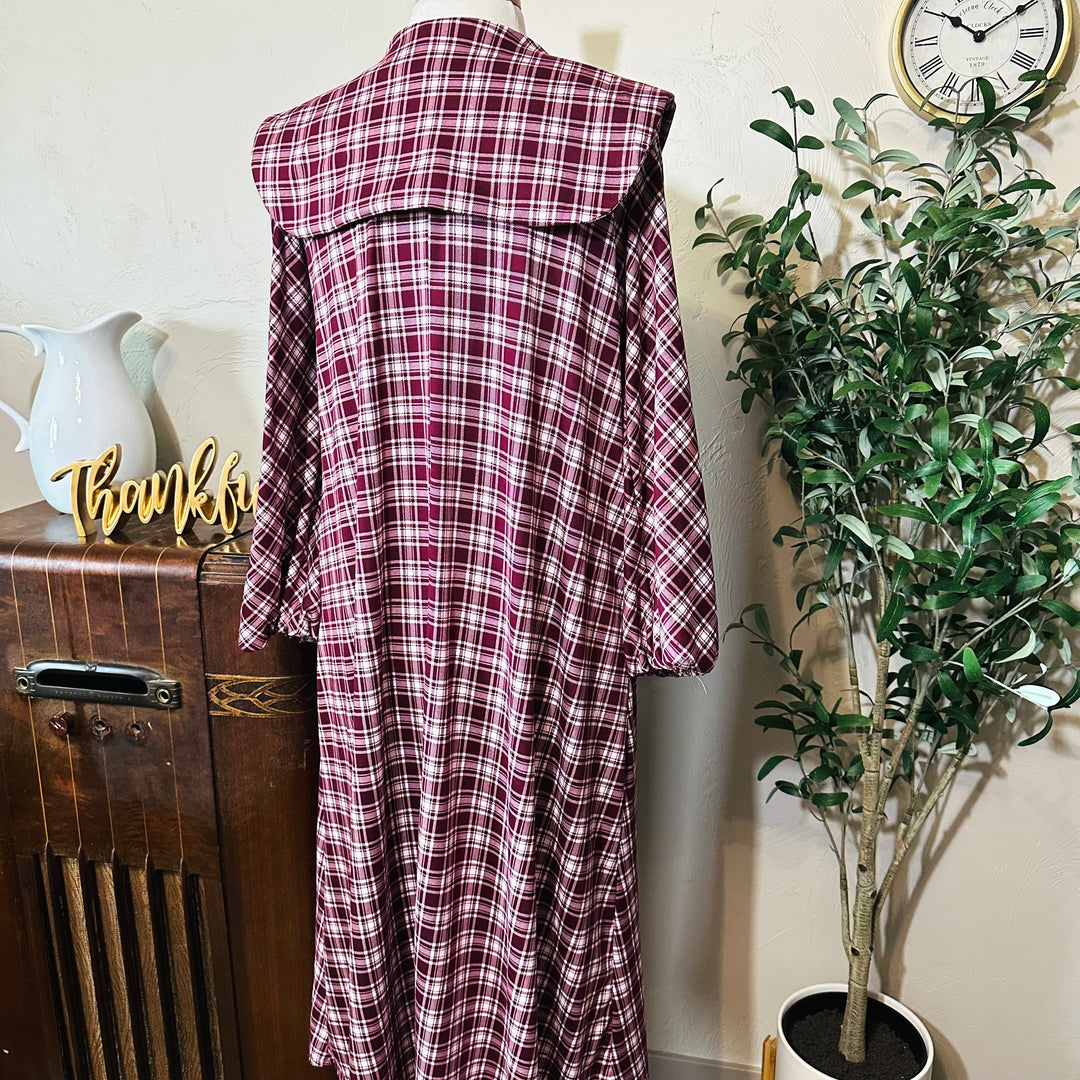 Mabel Sailor Collar Plaid Dress in burgundy plaid, back collar flap, upper back view