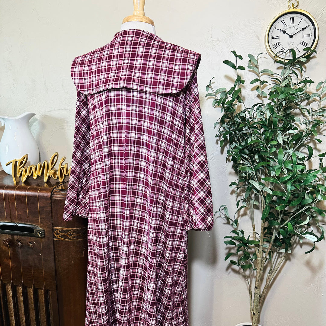 Mabel Sailor Collar Plaid Dress in burgundy plaid, full sleeves, back three-quarter view