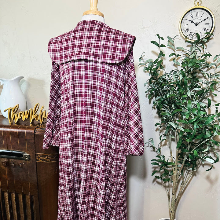 Mabel Sailor Collar Plaid Dress in burgundy plaid, full sleeves, back three-quarter view