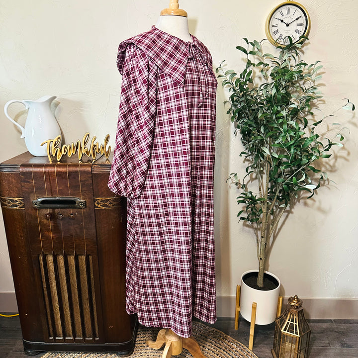 Mabel Sailor Collar Plaid Dress in burgundy plaid, elastic cuff, three-quarter side view