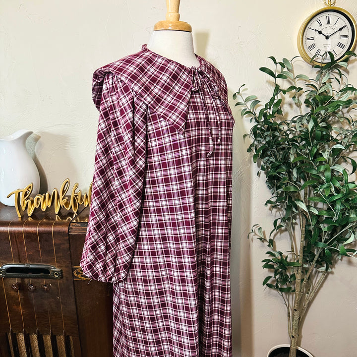 Mabel Sailor Collar Plaid Dress in burgundy plaid, gathered sleeve, three-quarter close-up