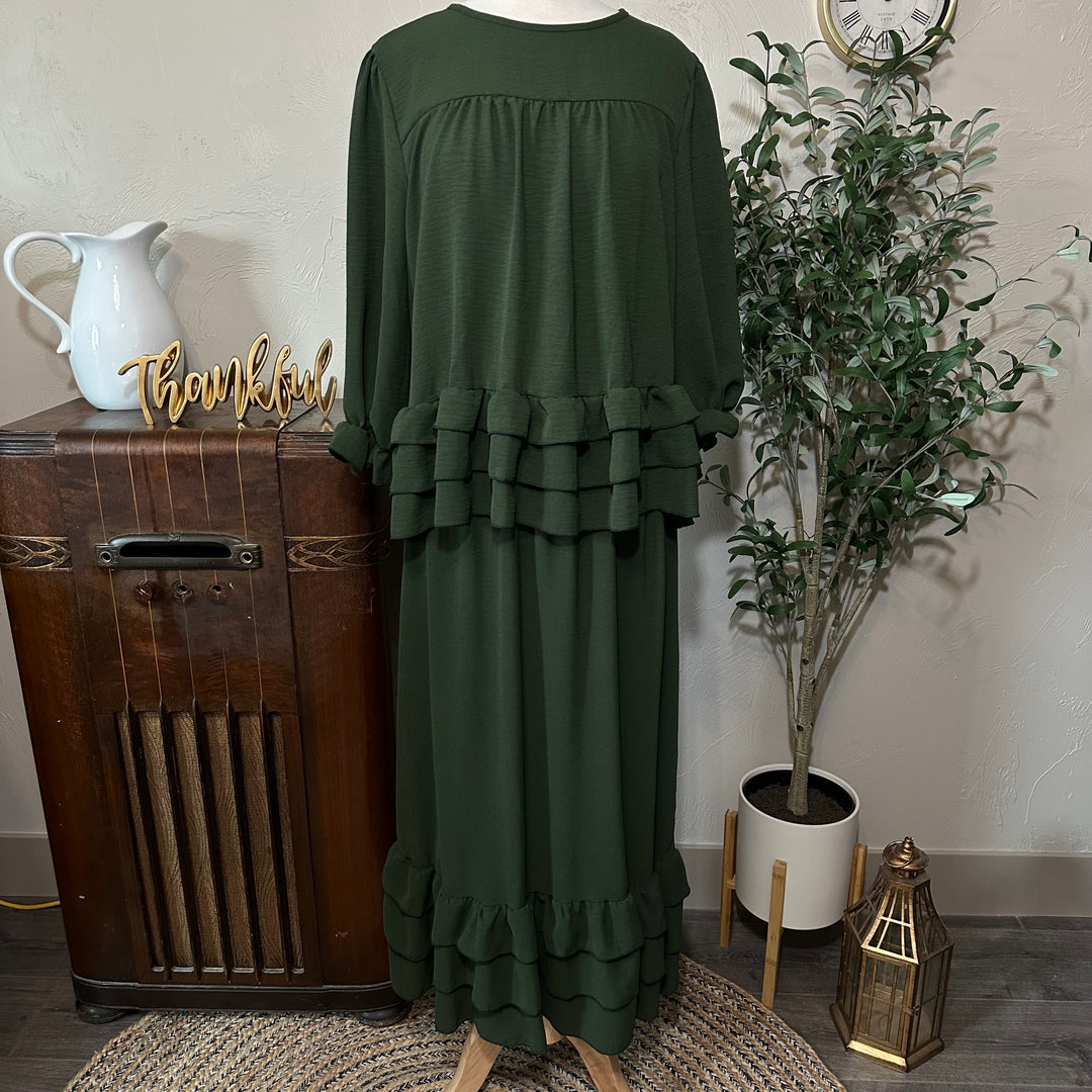 Hattie Tiered Ruffle Skirt in olive, worn with the matching Hattie top, front view