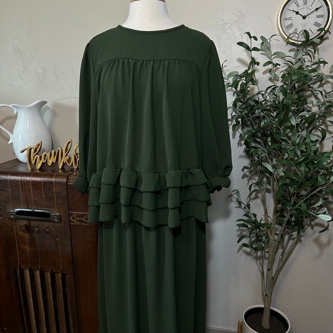 Hattie Tiered Ruffle Top in olive, gathered yoke and ruffles, front view