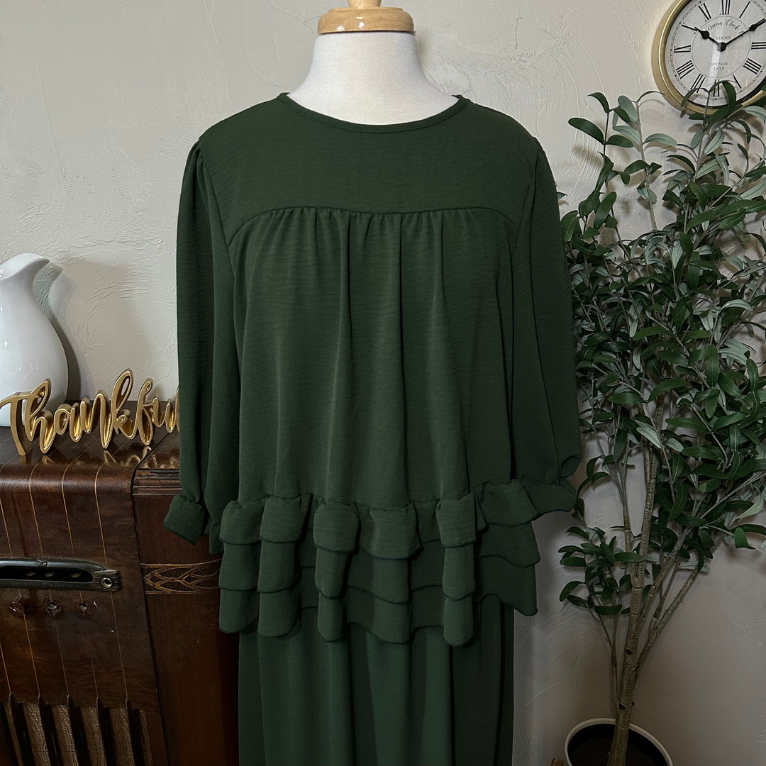 Hattie Tiered Ruffle Top in olive, round neck and ruffled cuffs, front close-up