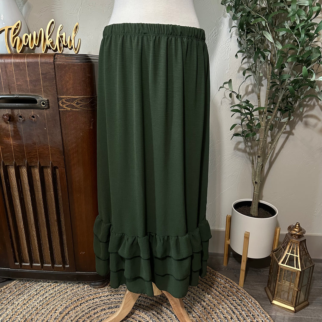 Hattie Tiered Ruffle Skirt in olive, elastic waist and three-tier ruffle hem, front view