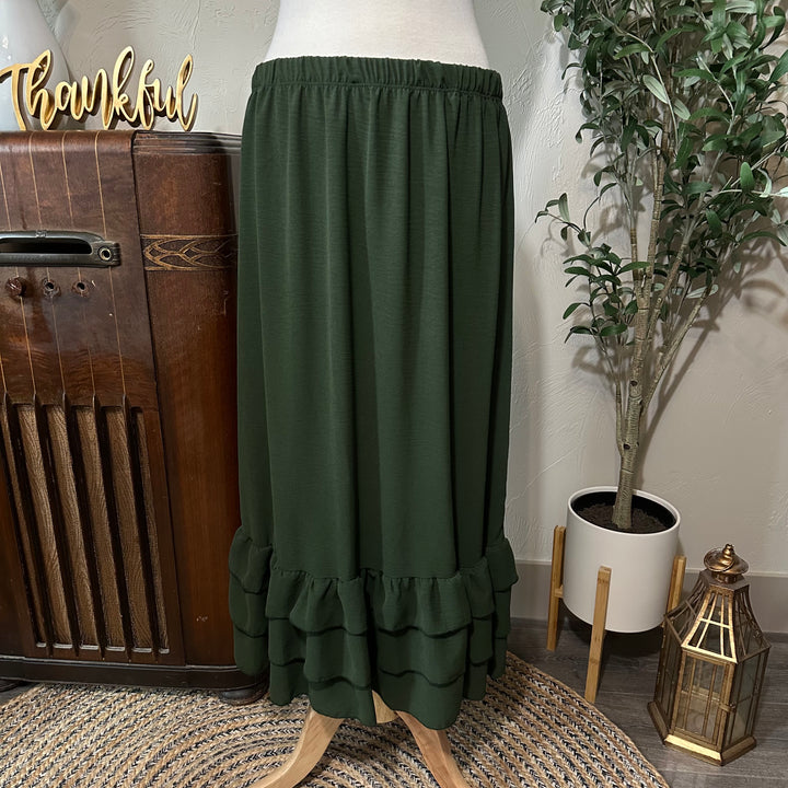 Hattie Tiered Ruffle Skirt in olive, elastic waist and three-tier ruffle hem, front view
