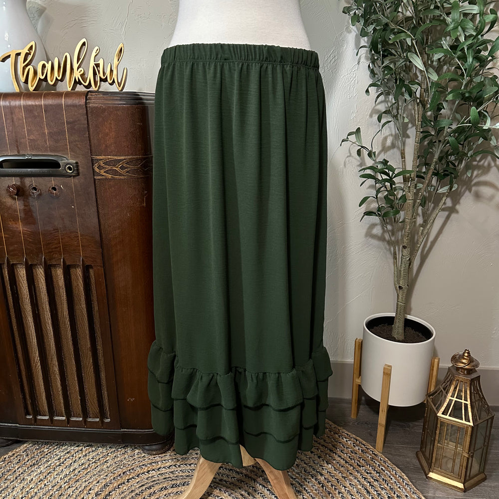 Hattie Tiered Ruffle Skirt in olive, long length, full front view