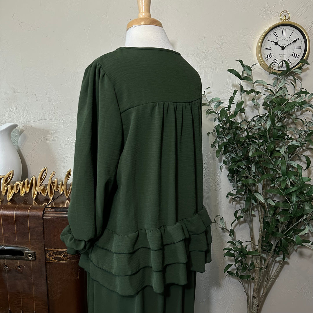 Hattie Tiered Ruffle Top in olive, gathered back yoke, back close-up