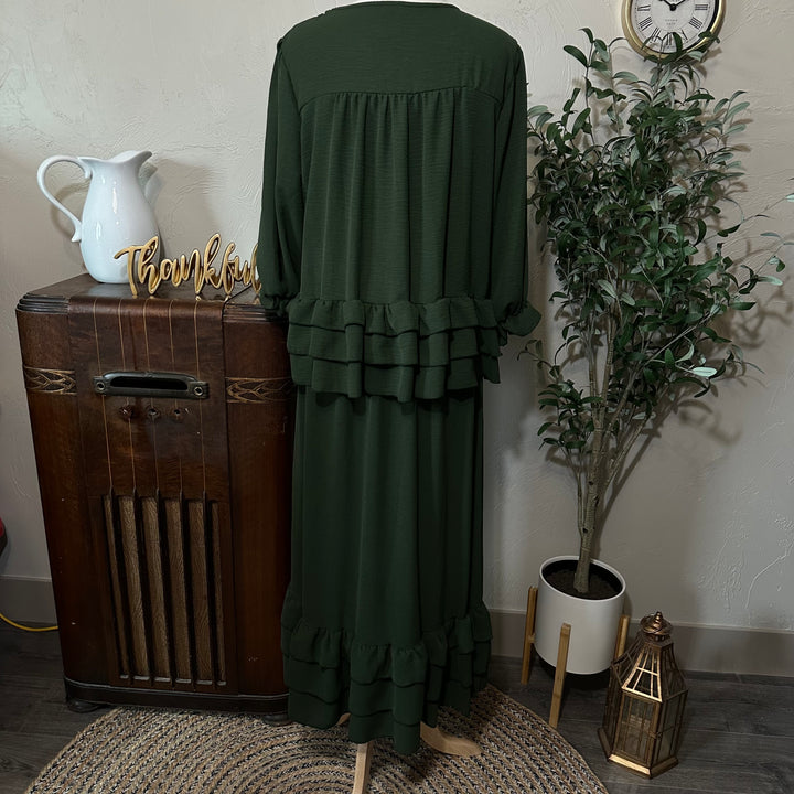 Hattie Tiered Ruffle Top in olive, full back view with matching skirt
