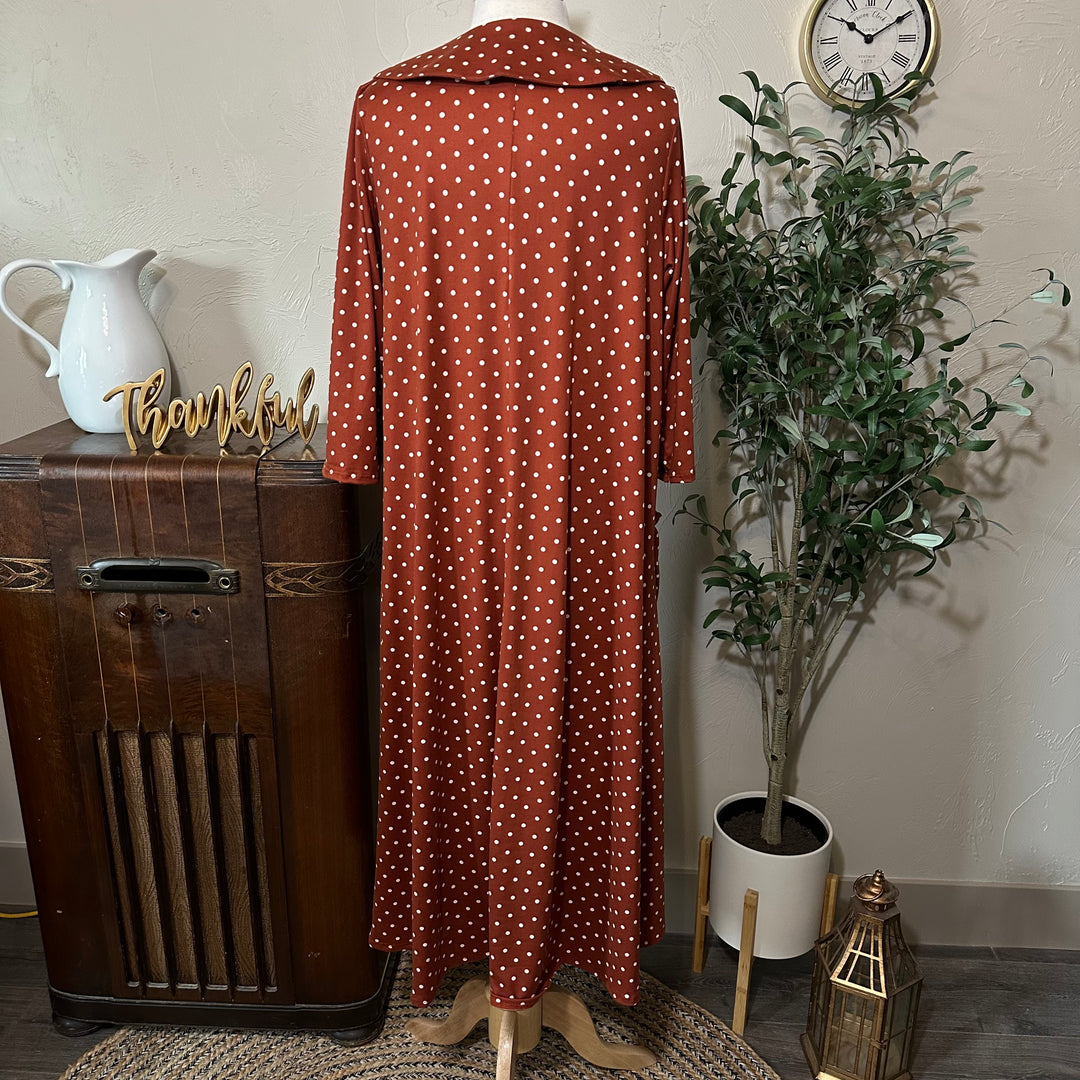 Ginny Peter Pan Collar Polka Dot Dress in rust, collar from behind, back view