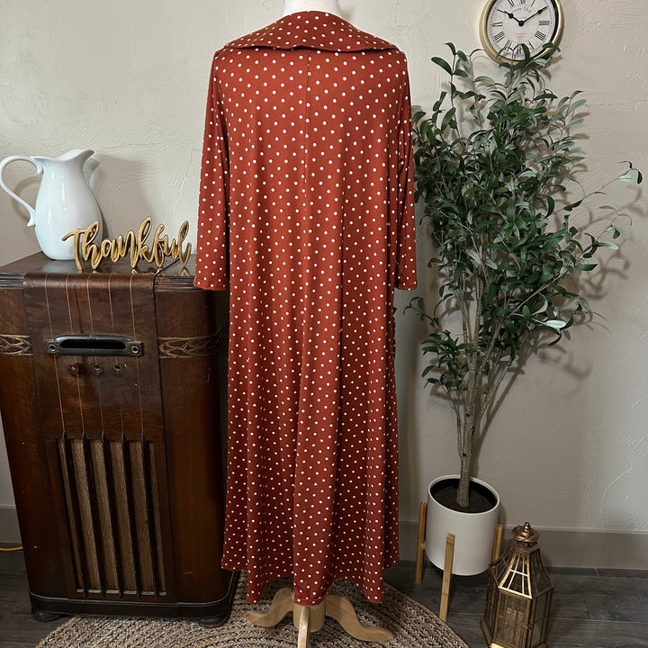 Ginny Peter Pan Collar Polka Dot Dress in rust, collar from behind, back view