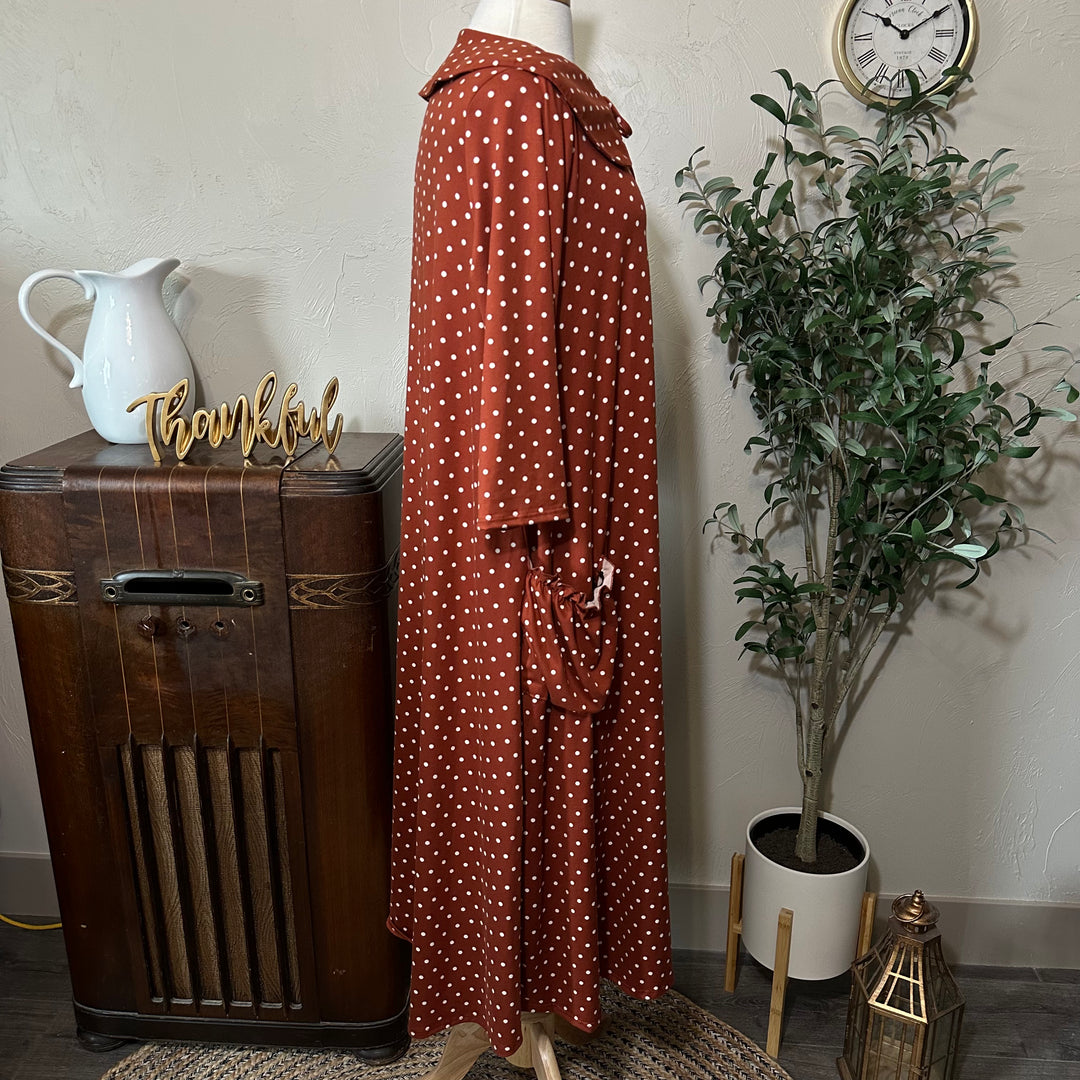 Ginny Peter Pan Collar Polka Dot Dress in rust, collar and length, other side view