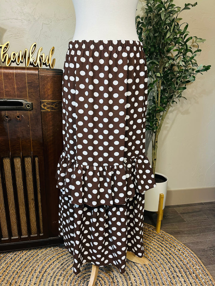 Betty Lou Polka Dot Tiered Maxi Skirt in brown, elastic waist and ruffled tiers, front view