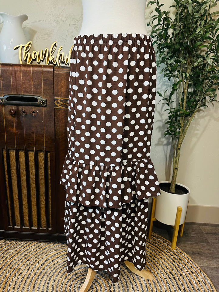 Betty Lou Polka Dot Tiered Maxi Skirt in brown, white polka dots, angled view