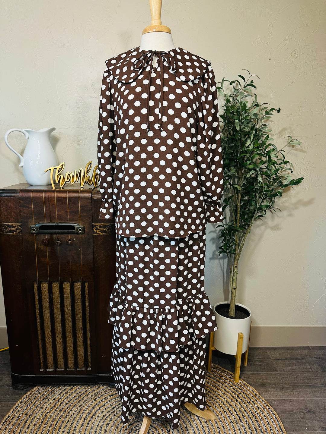 Betty Lou Polka Dot Tiered Maxi Skirt in brown, matching set with Peter Pan collar top, front view