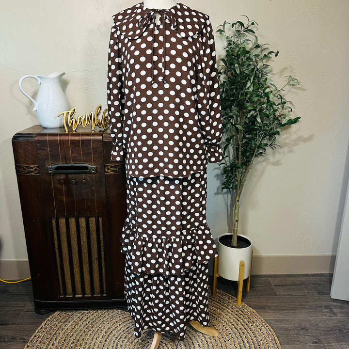 Betty Lou Polka Dot Tiered Maxi Skirt in brown with matching Betty Lou top, full outfit front view