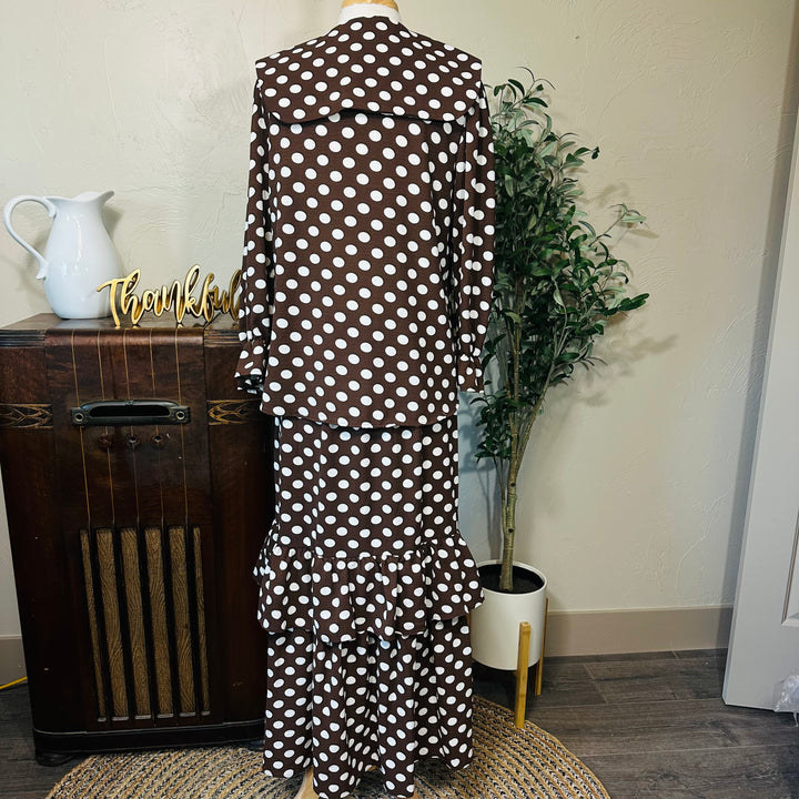 Betty Lou Polka Dot Tiered Maxi Skirt in brown with matching top, back view