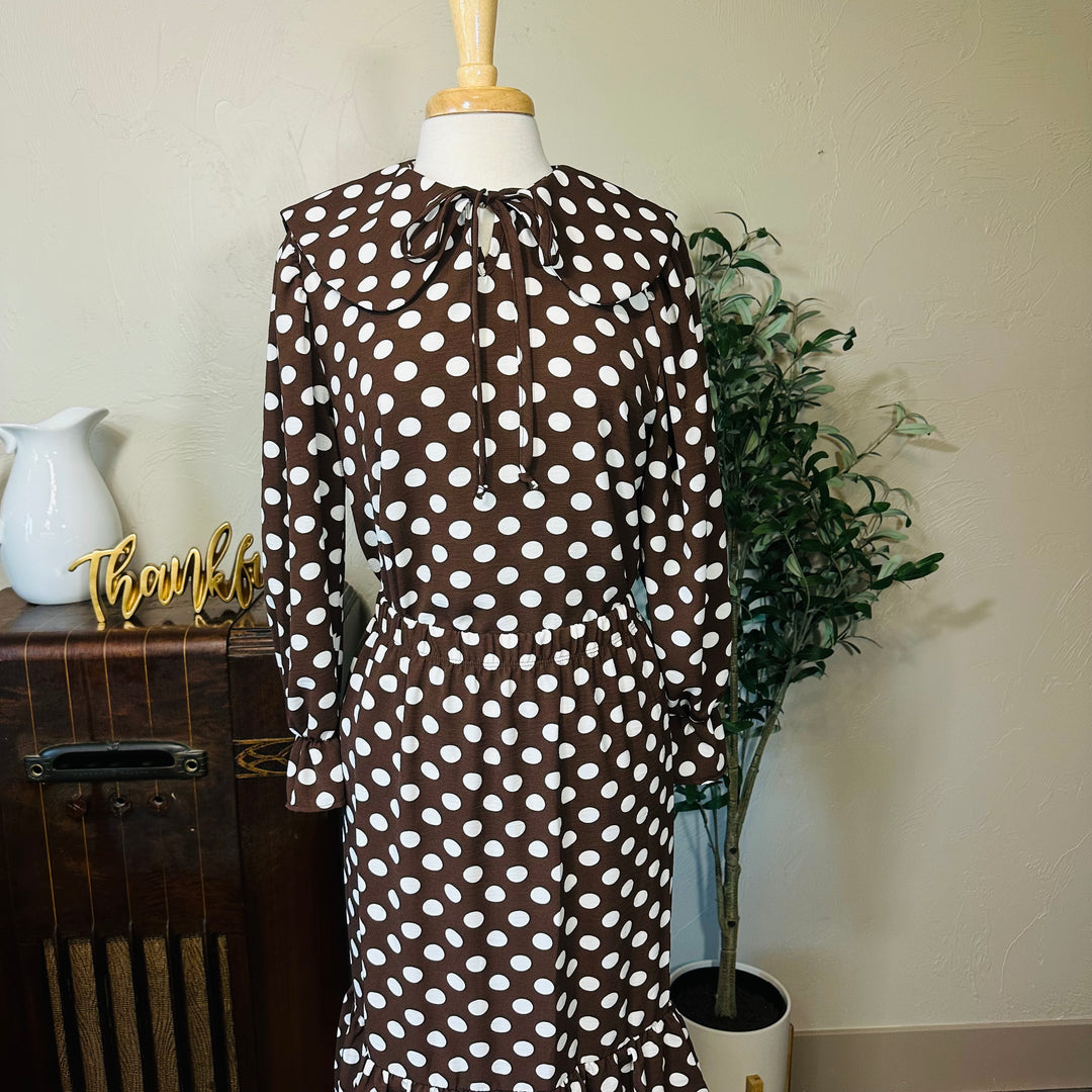 Betty Lou Polka Dot Tiered Maxi Skirt in brown, elastic waist with matching top, close-up