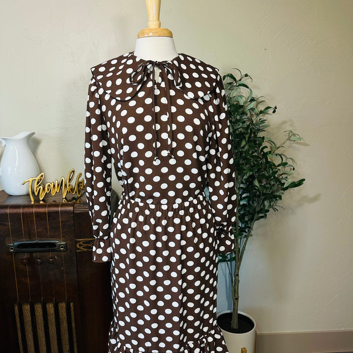 Betty Lou Polka Dot Tiered Maxi Skirt in brown, elastic waist with matching top, close-up