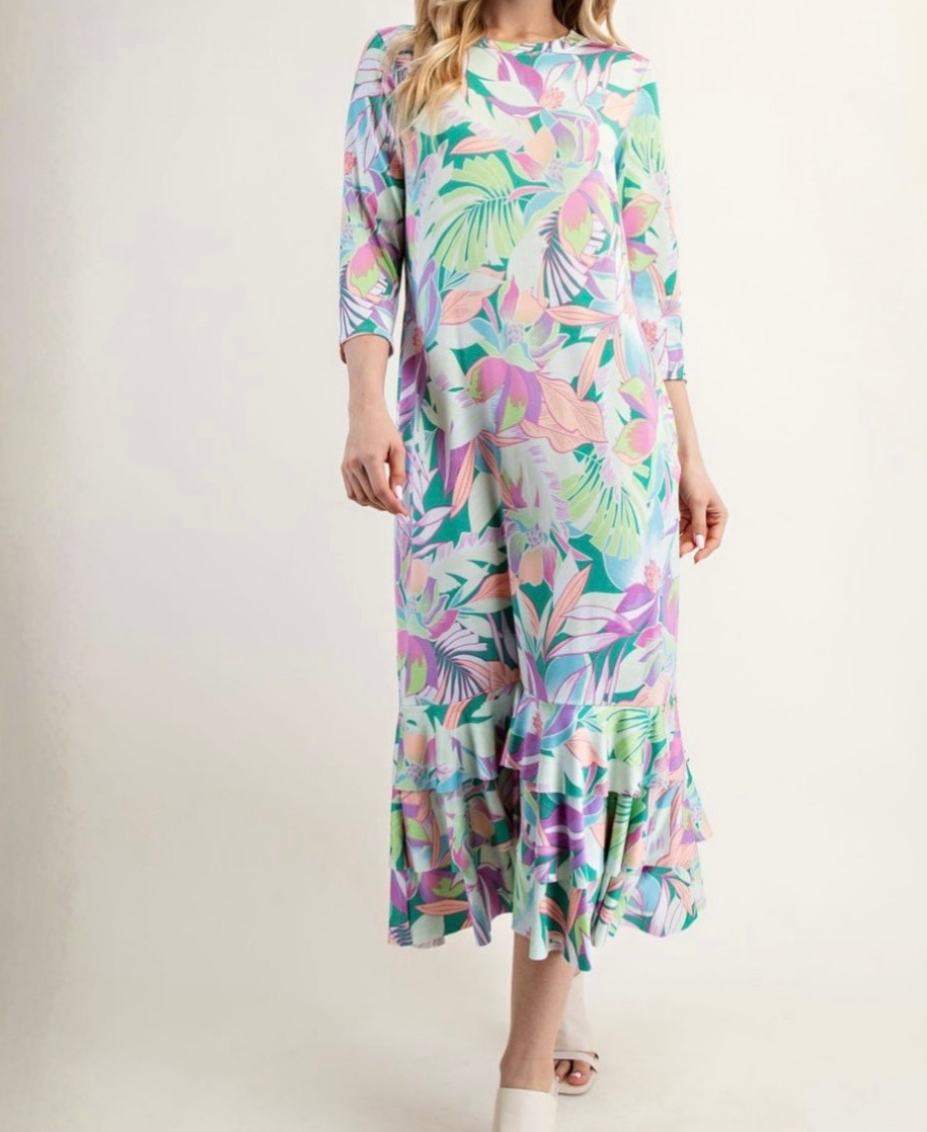 Liza Lou's Tropical Pastel Print Long Layering Dress with Bottom Ruffles