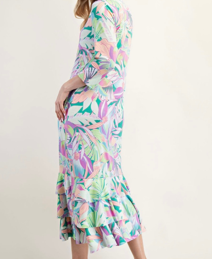 Liza Lou's Tropical Pastel Print Long Layering Dress with Bottom Ruffles