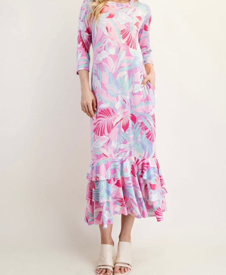 Liza Lou's Tropical Pink Print Long Layering Dress with Bottom Ruffles
