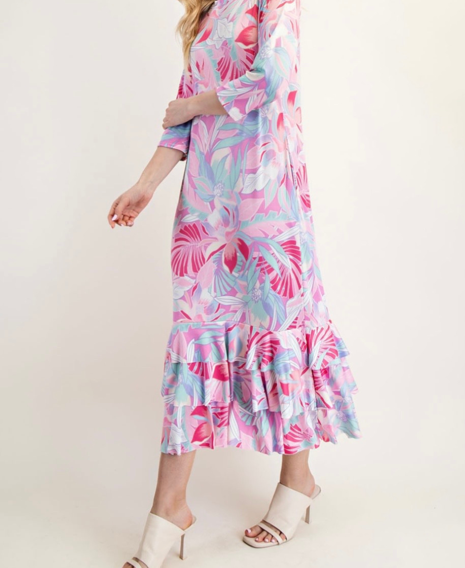 Liza Lou's Tropical Pink Print Long Layering Dress with Bottom Ruffles