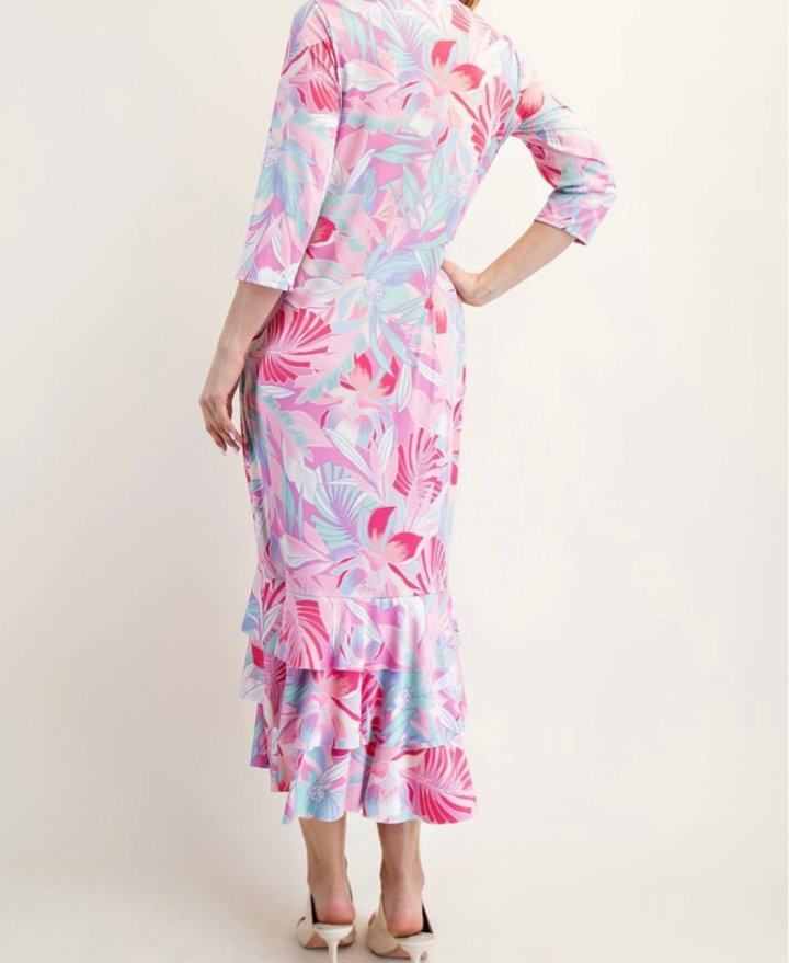 Liza Lou's Tropical Pink Print Long Layering Dress with Bottom Ruffles