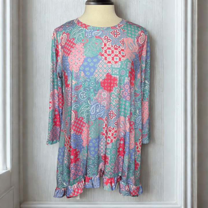 Liza Lou’s Ladies Asymmetrical Mixed Patch Print Tunic Top