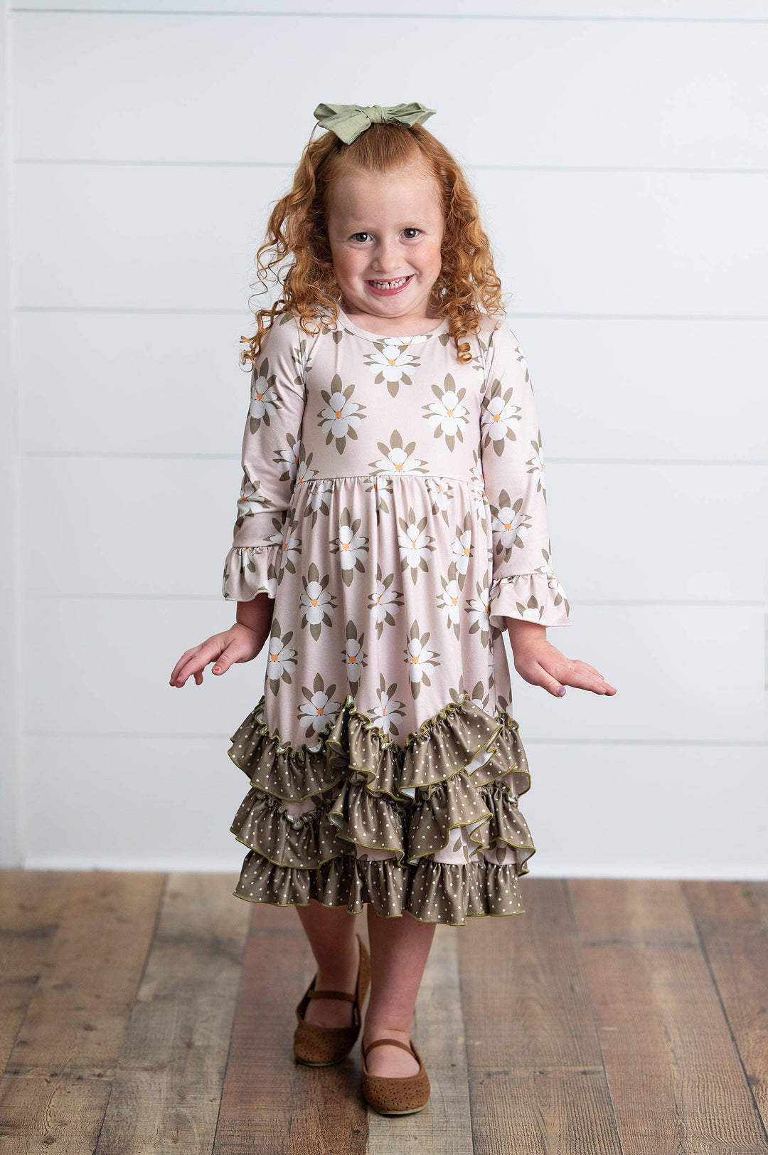 Liza Lou’s Olive Floral Darling Long Modest Girls Ruffled Dress