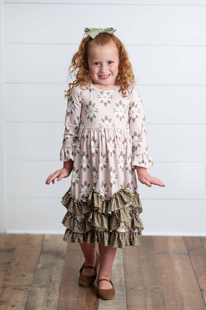 Liza Lou’s Olive Floral Darling Long Modest Girls Ruffled Dress