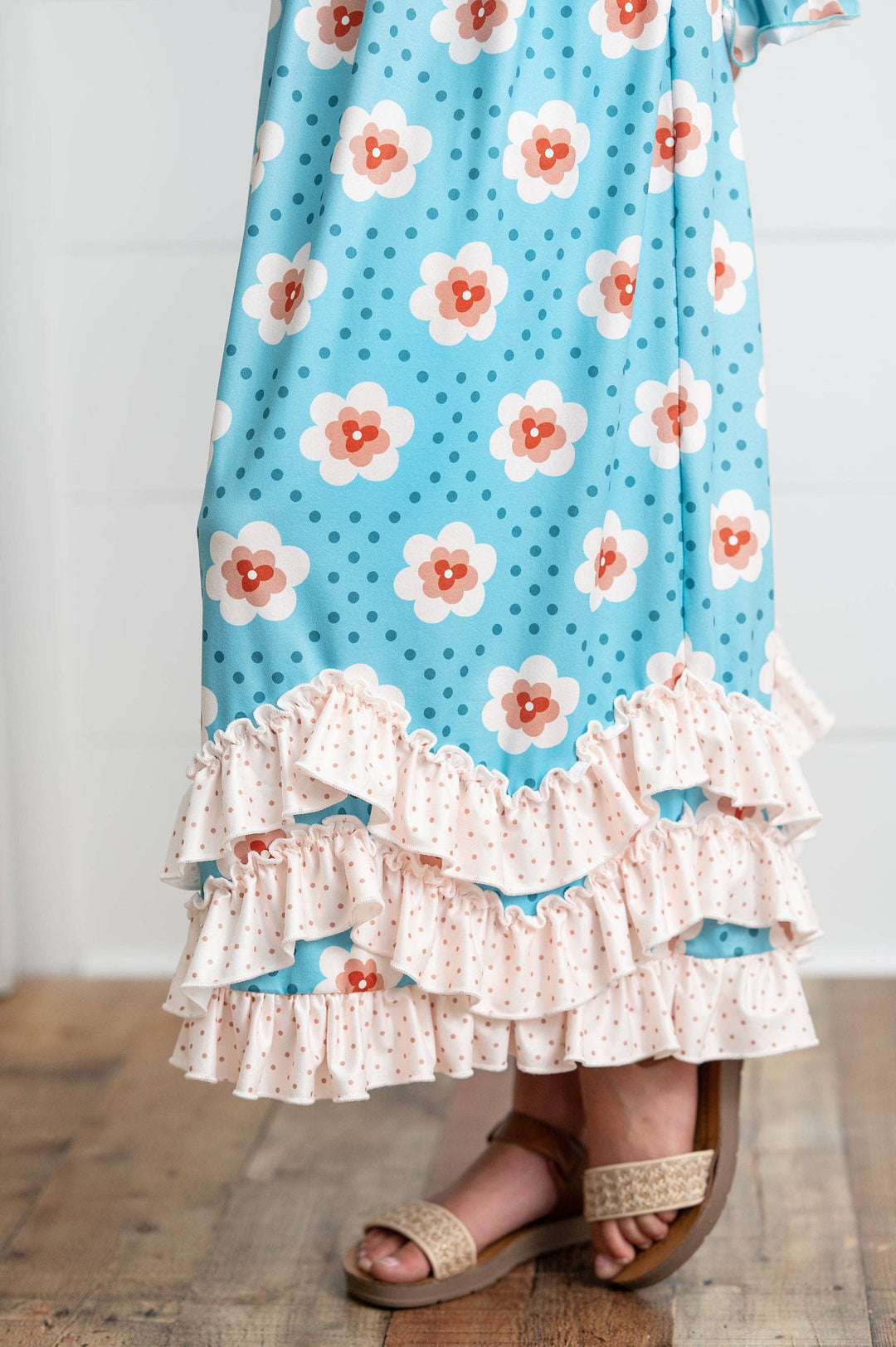 Liza Lou’s Darling Long Modest Girls Ruffled Dress Turquoise Floral
