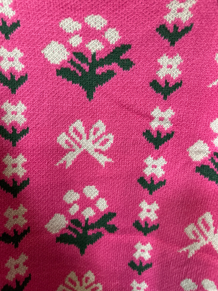 Rosie Bow and Flower Pullover Sweater in pink, soft knit with bow and flower pattern, fabric close-up