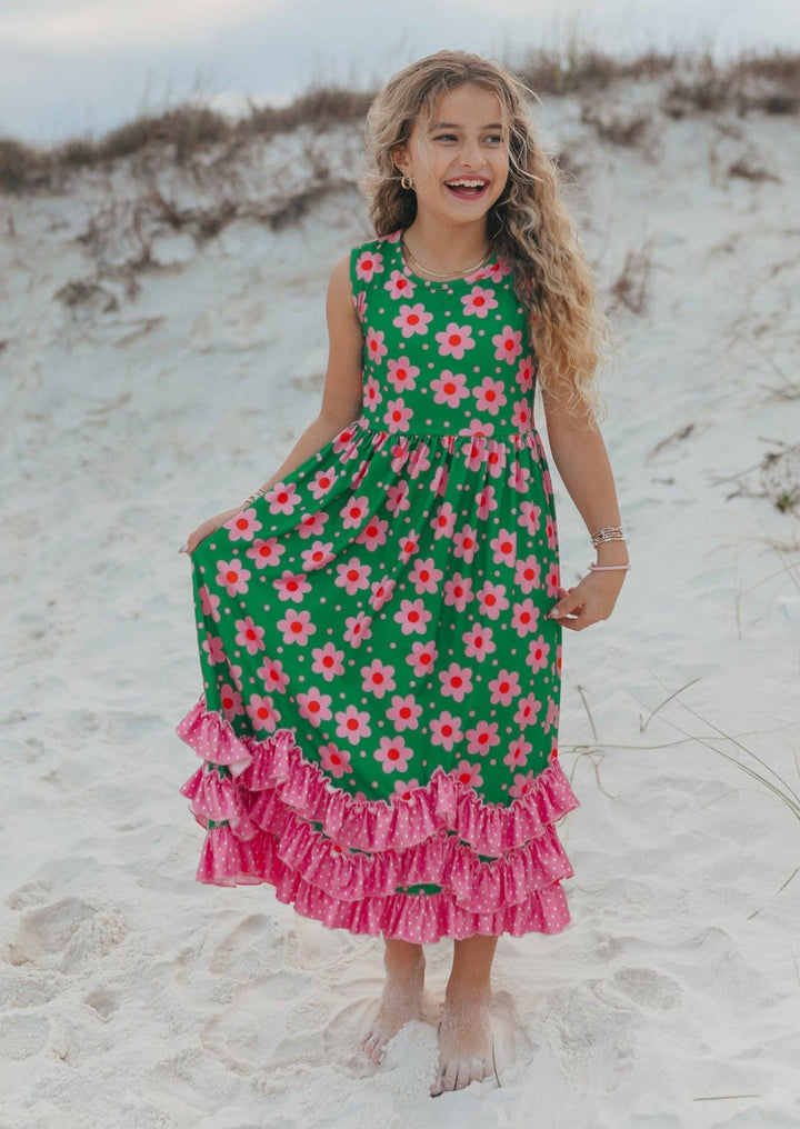 Liza Lou’s Darling Long Modest Girls Ruffled Dress Green Floral