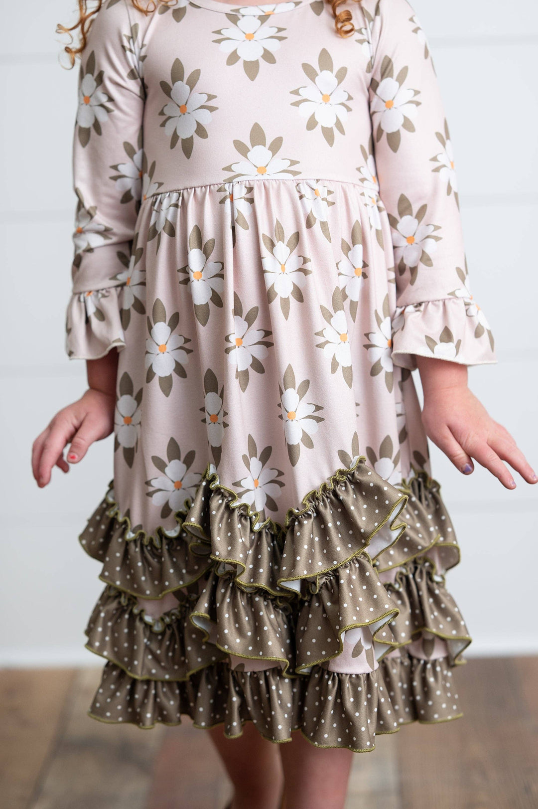 Liza Lou’s Olive Floral Darling Long Modest Girls Ruffled Dress