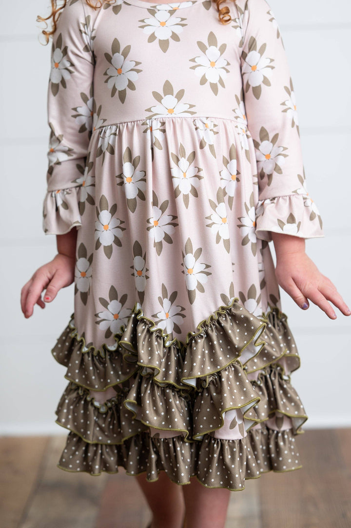 Liza Lou’s Olive Floral Darling Long Modest Girls Ruffled Dress