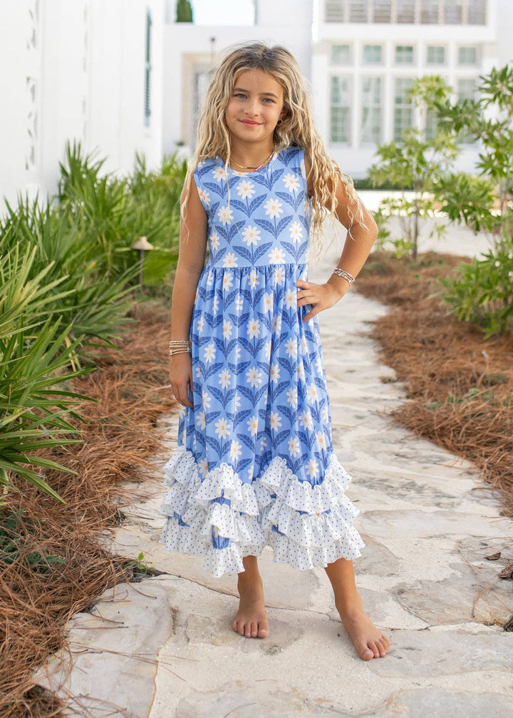 Liza Lou’s Darling Long Modest Girls Ruffled Dress Blue Floral