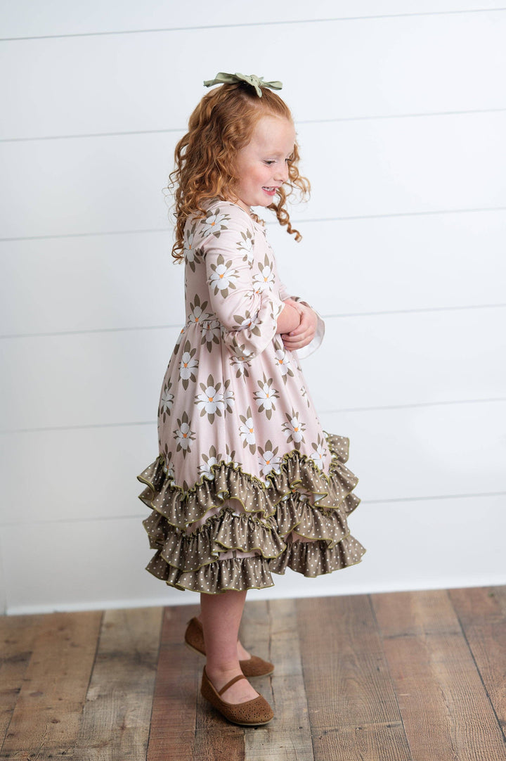 Liza Lou’s Olive Floral Darling Long Modest Girls Ruffled Dress