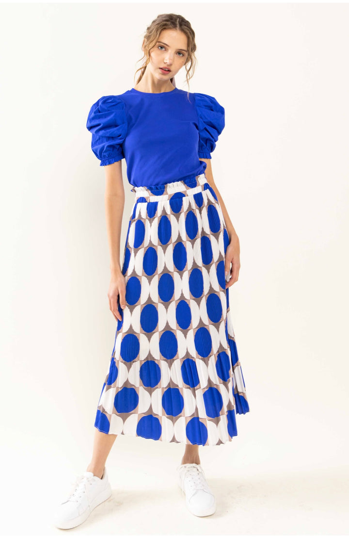 Royal Blue Geometric Pleated Long Midi Skirt