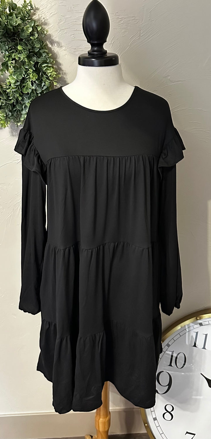 Women's Black Tiered Tunic Top with Sleeve Detail on Long Sleeves